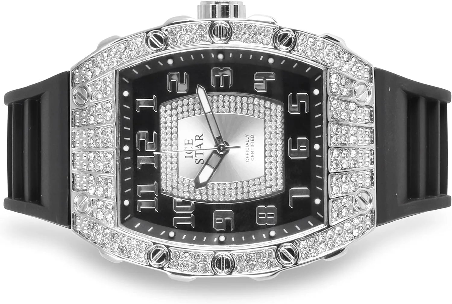 Techno Pave Men's 41mm Iced Out Tonneau Shape Watch, Numeral Dial