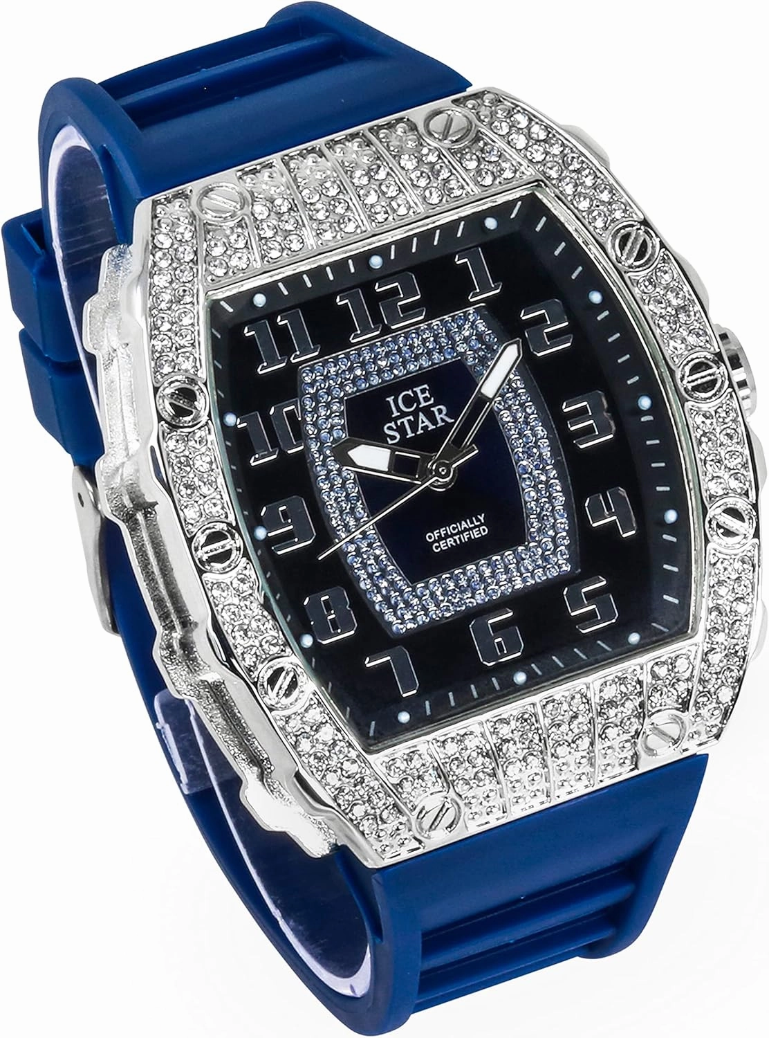 Techno Pave Men's Iced Out Tonneau Shape Watch & Cuban Bracelet Set with Silicone Band, Numeral Dial