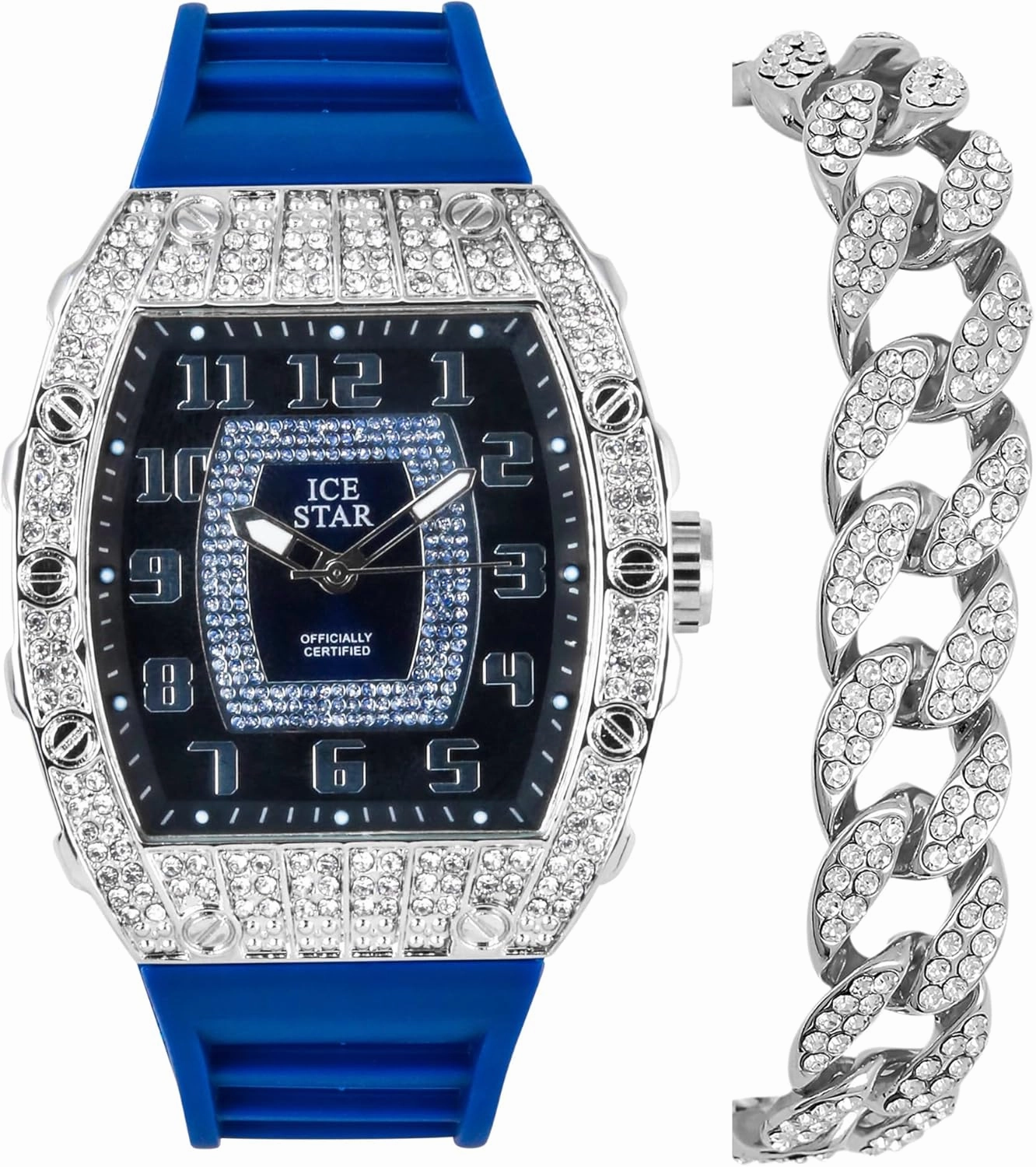 Techno Pave Men's Iced Out Tonneau Shape Watch & Cuban Bracelet Set with Silicone Band, Numeral Dial