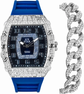 Techno Pave Men's Iced Out Tonneau Shape Watch & Cuban Bracelet Set with Silicone Band, Numeral Dial