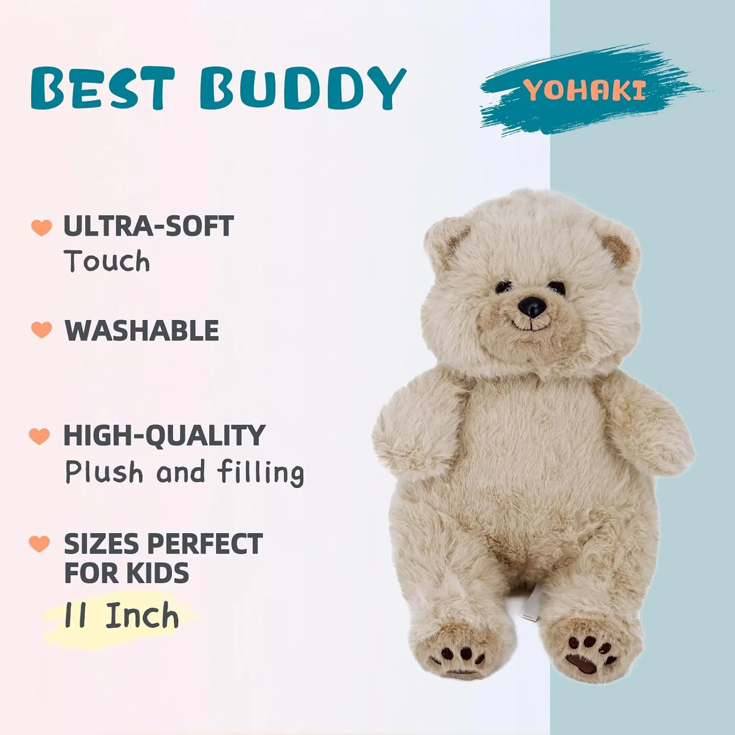 Teddy Bear Plush Toy - 11 Inch Soft & Fluffy Stuffed Animal, Huggable Brown Toy Bear, Cuddly Gift for Kids, Toddlers & Plush Lovers, Adorable Stuffed Teddy, Washable & Ultra-Soft Bear