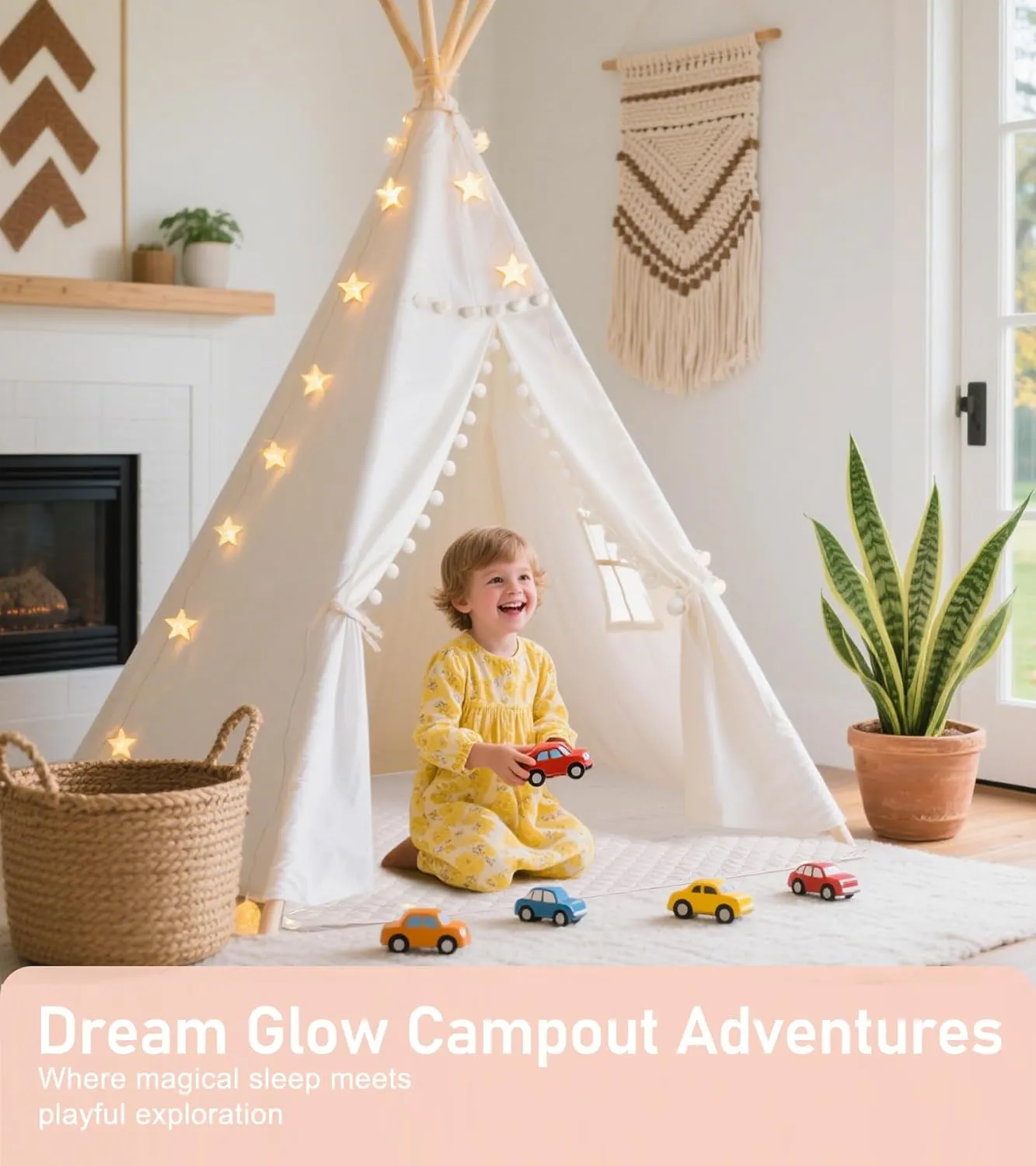 Teepee Tent with Starry Lights, Ground Mat and Pockets, Kids Teepee Tents for Indoor & Outdoor Use, Foldable Play Tents for Boys & Girls, Washable Toddler Play Tent for Birthdays & Holidays