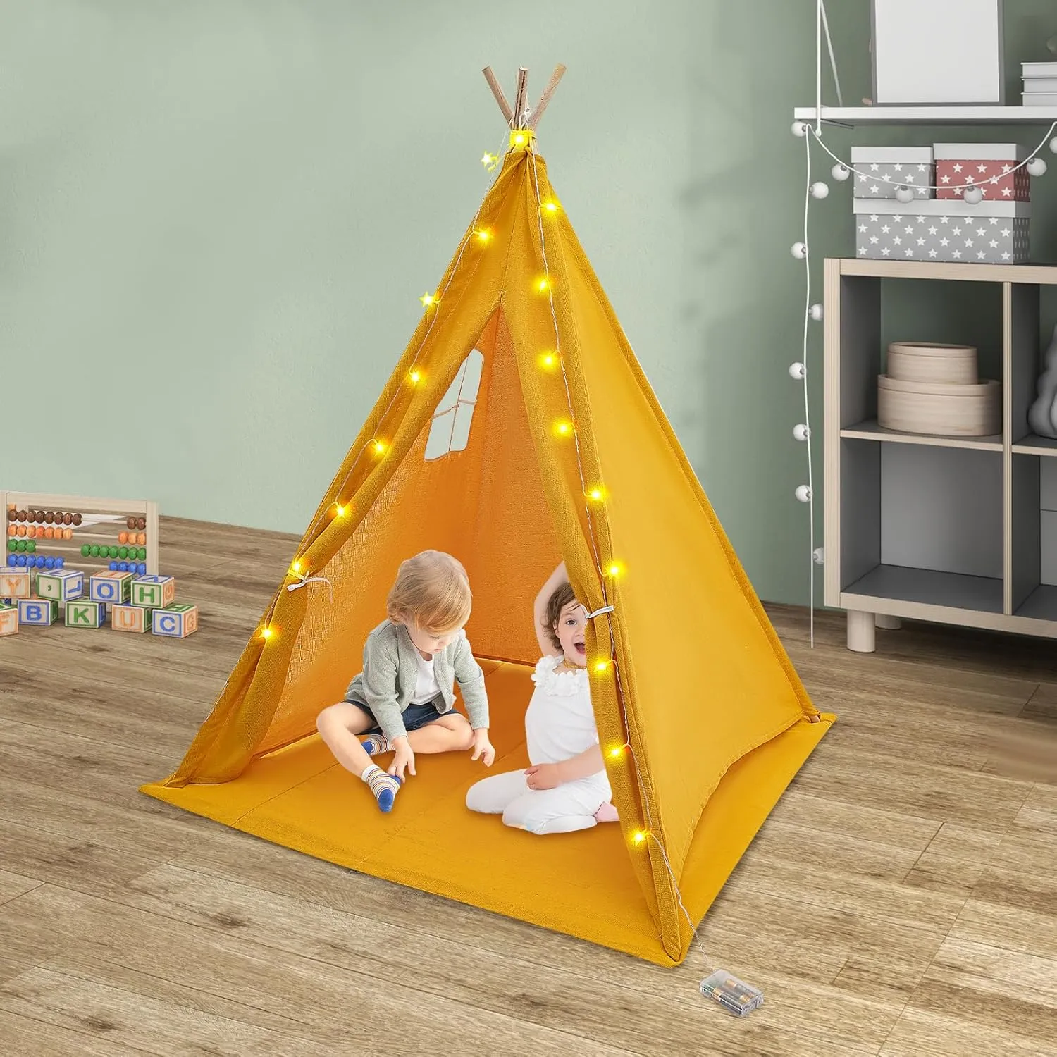 Teepee Tent,Play Tent for Kid,Kids Teepee Tent with Window and String of Lights, Indoor Foldable Teepee Tent Set (Yellow)