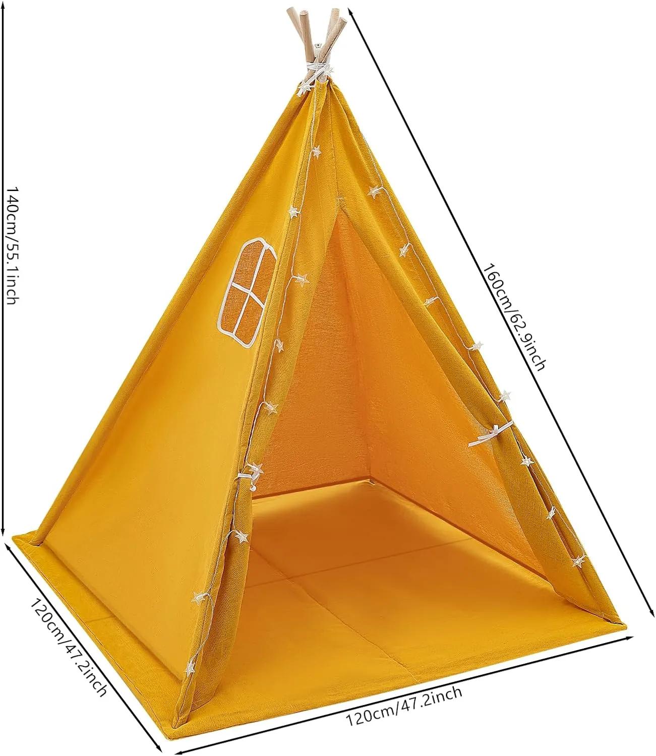 Teepee Tent,Play Tent for Kid,Kids Teepee Tent with Window and String of Lights, Indoor Foldable Teepee Tent Set (Yellow)