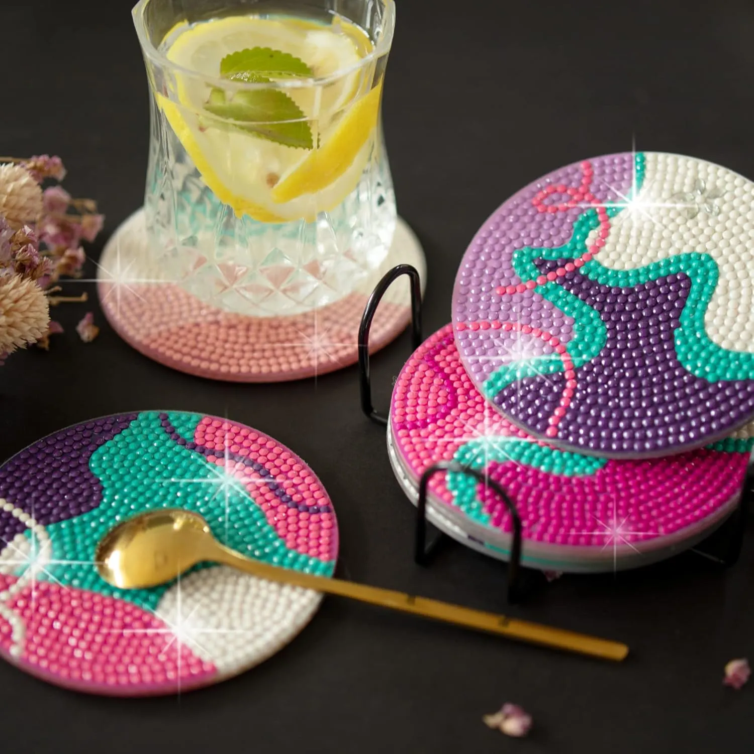 Temlum 6 Pcs Diamond Painting Coasters with Holder, Diamond Art Coasters Kits for Beginners, Adults Small Diamond Painting Kit Art Craft Supplies