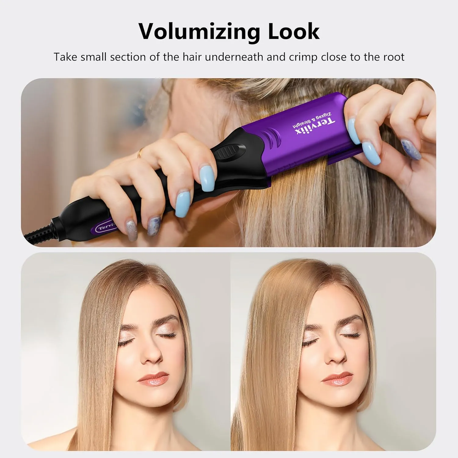 Terviiix Crimper Hair Iron with 4 Interchangeable Plates, Keratin & Argan Oil Infused Hair Crimper for Women, Volumizing Crimping Iron for Thin Fine Hair, 5 Heat Settings & 60 Mins Auto Off, Purple