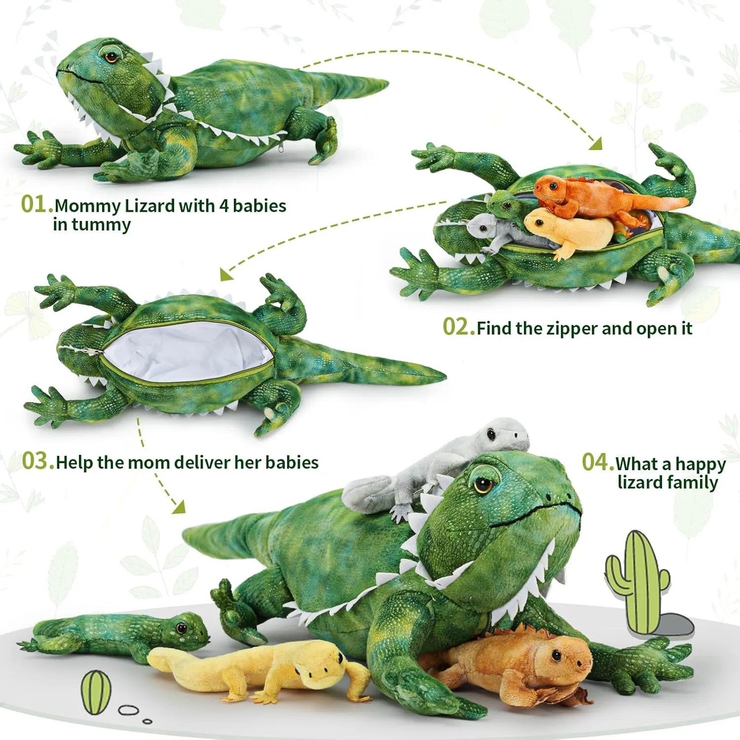 Tezituor 5 Pieces Realistic Stuffed Lizard Set with Babies,26.4 Inch Large Plush Bearded Dragon Animal Toy Gifts for Boys