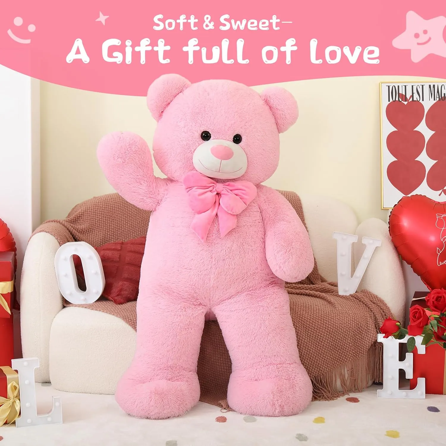Tezituor Giant Teddy Bear, 47 Inch Soft Big Stuffed Animal Life Size 4 Feet Plush Bear Toy Valentine's Christmas Birthday Gift for Girlfriend Kids,Pink