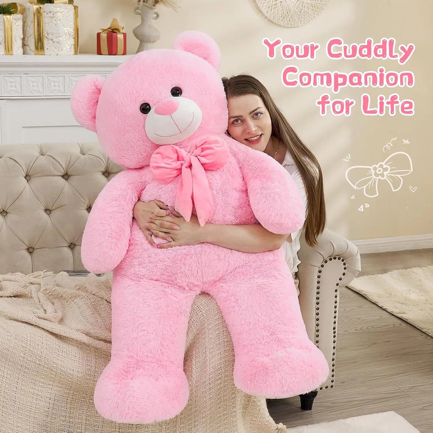 Tezituor Giant Teddy Bear, 47 Inch Soft Big Stuffed Animal Life Size 4 Feet Plush Bear Toy Valentine's Christmas Birthday Gift for Girlfriend Kids,Pink