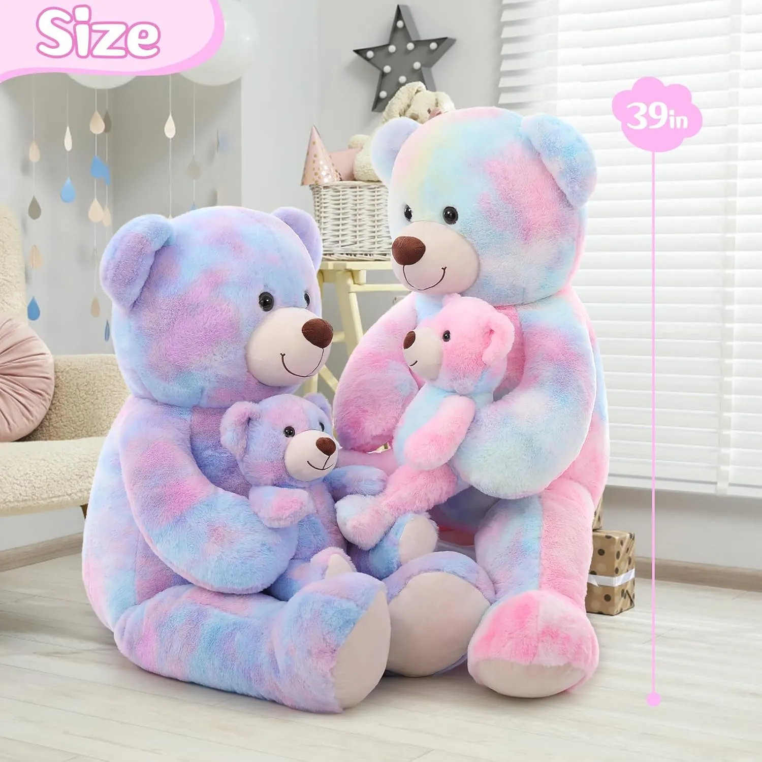 Tezituor Giant Teddy Bear Stuffed Animal 39in, Large Teddy Bear Mommy with Baby, Big Teddy Bear Stuffed Bear for Kids, Girlfriend on Mother's Day, Valentine, Christmas, Baby Shower, Tie-dye Pink
