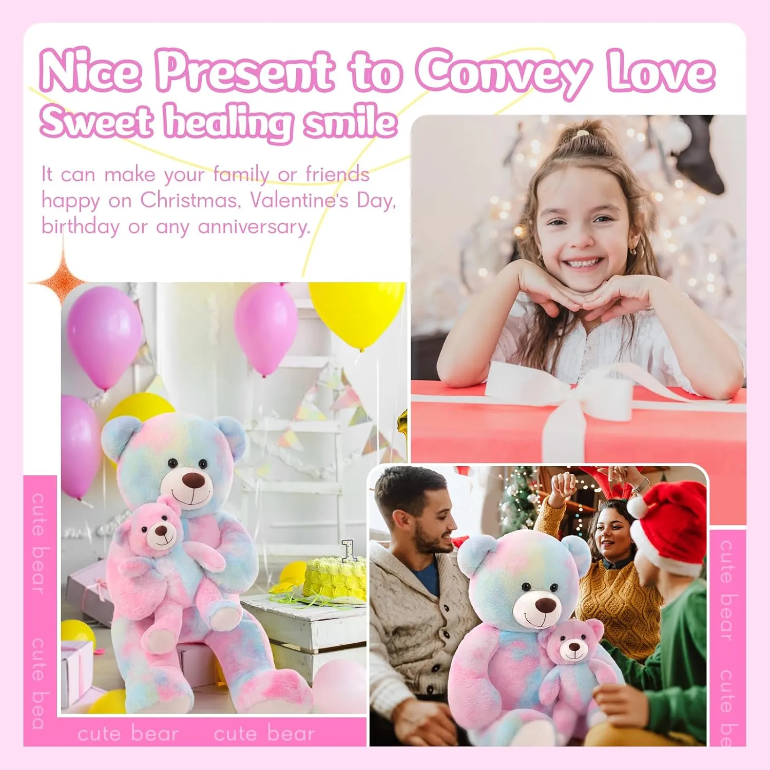 Tezituor Giant Teddy Bear Stuffed Animal 39in, Large Teddy Bear Mommy with Baby, Big Teddy Bear Stuffed Bear for Kids, Girlfriend on Mother's Day, Valentine, Christmas, Baby Shower, Tie-dye Pink