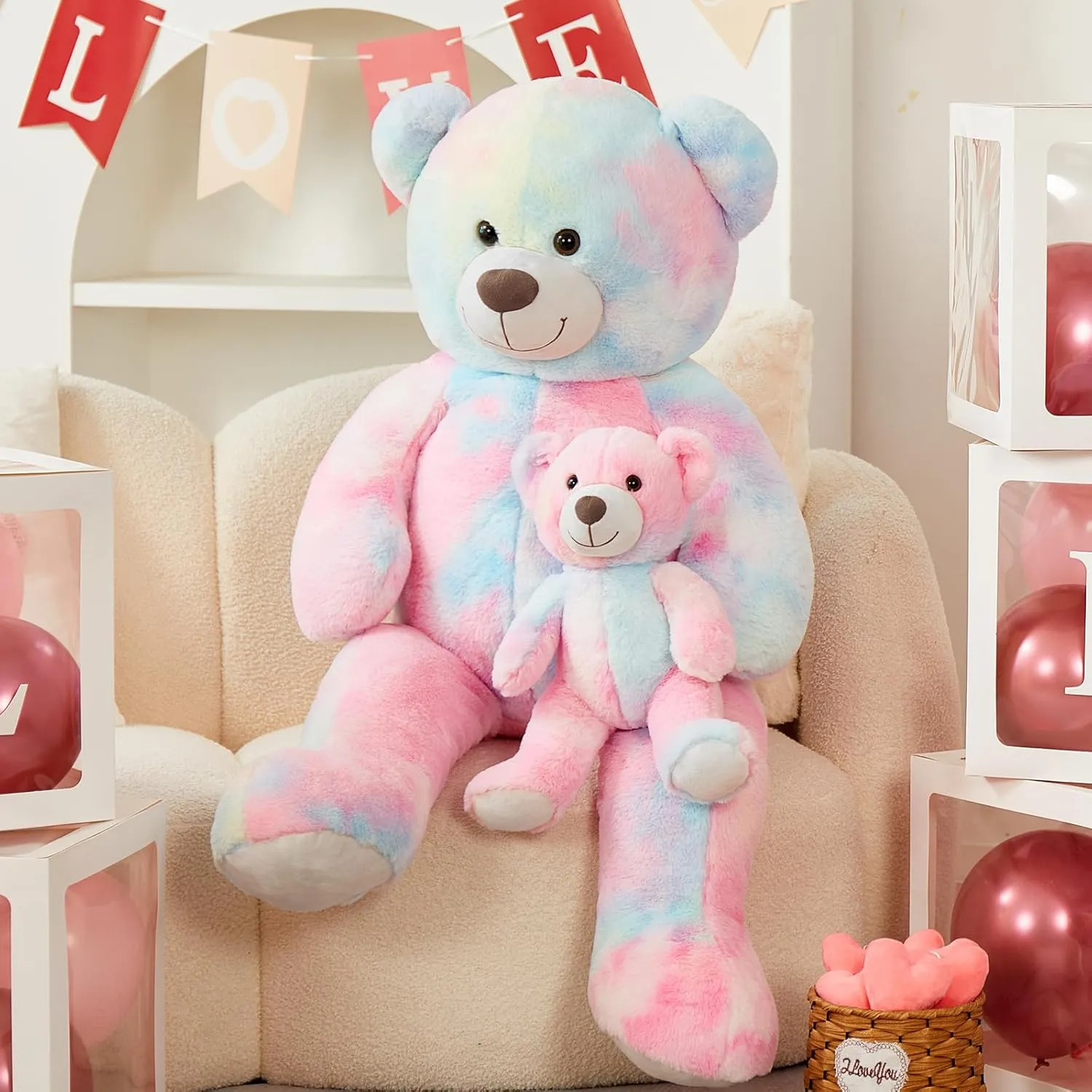Tezituor Giant Teddy Bear Stuffed Animal 39in, Large Teddy Bear Mommy with Baby, Big Teddy Bear Stuffed Bear for Kids, Girlfriend on Mother's Day, Valentine, Christmas, Baby Shower, Tie-dye Pink