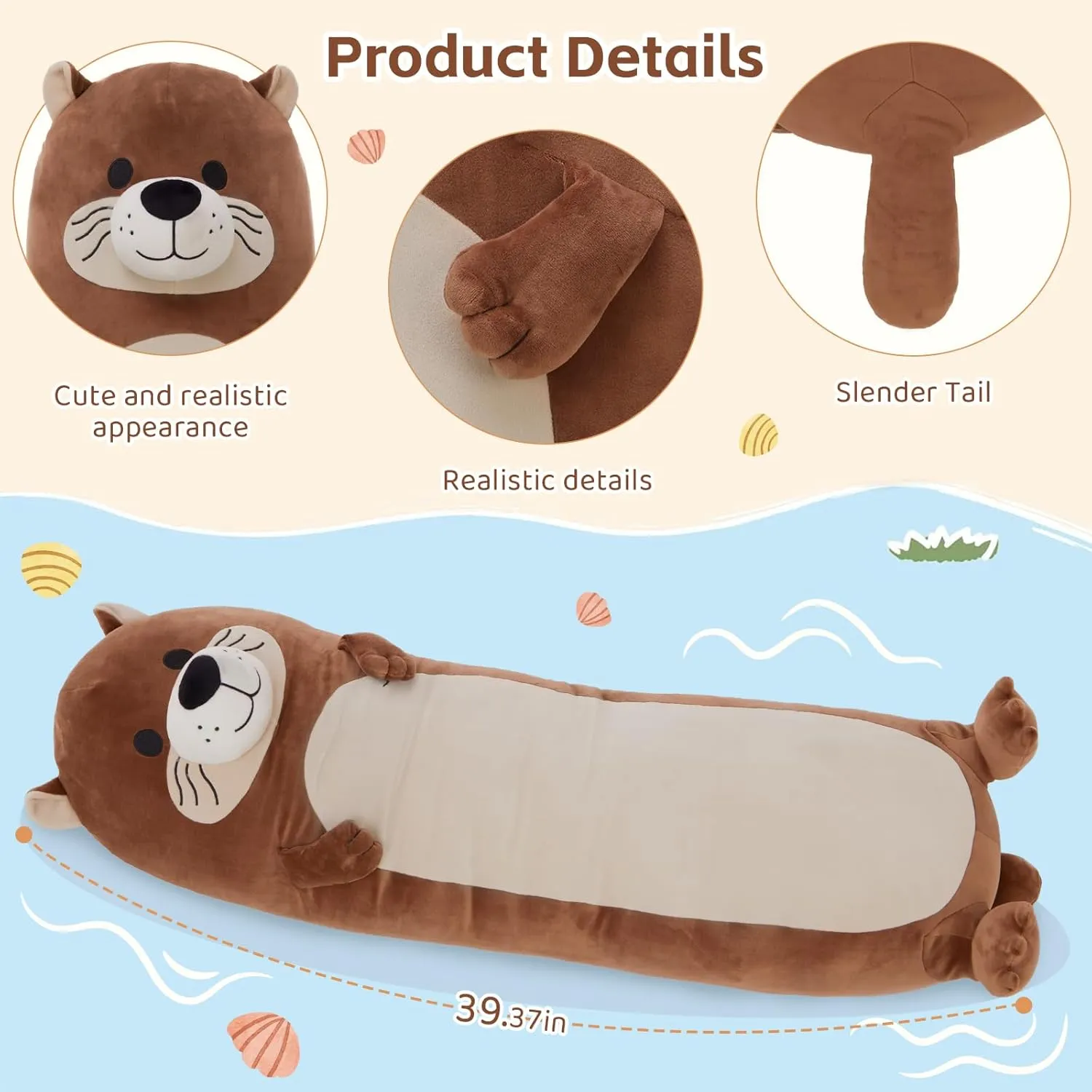 Tezituor Long Otter Plush Pillow,39.5" Giant Otter Stuffed Animal Soft Cuddly Sea Otter Long Body Pillow Sleeping Hugging Case Pillow Plush Toy Gifts for Kids Girlfriends Birthday Valentines Day