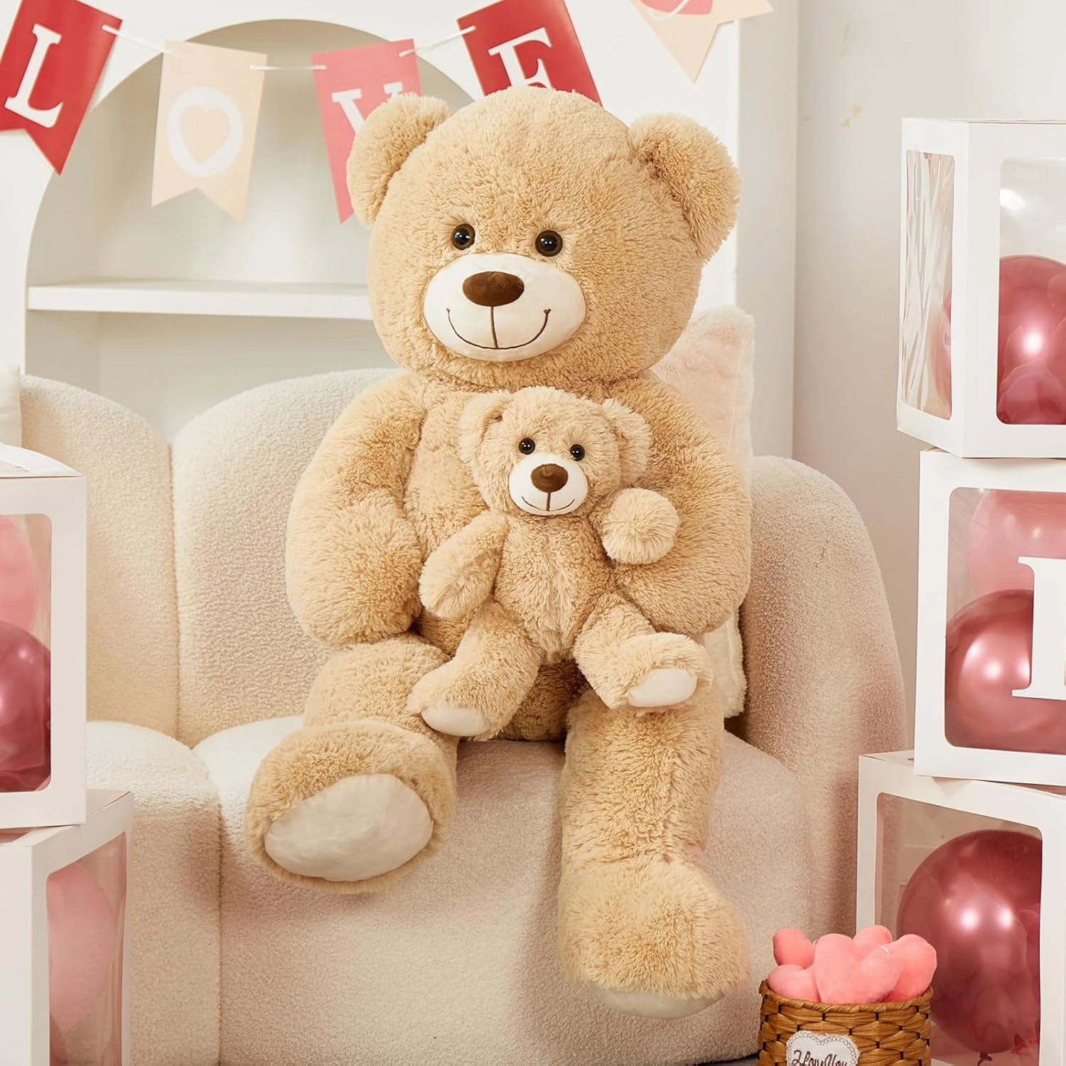 Tezituor Giant Stuffed Animal 39in, Large Teddy Bear Mommy with Baby, Big Stuffed Bear for Kids, Girlfriend on Mother's Day, Valentine, Christmas, Baby Shower, Light Brown
