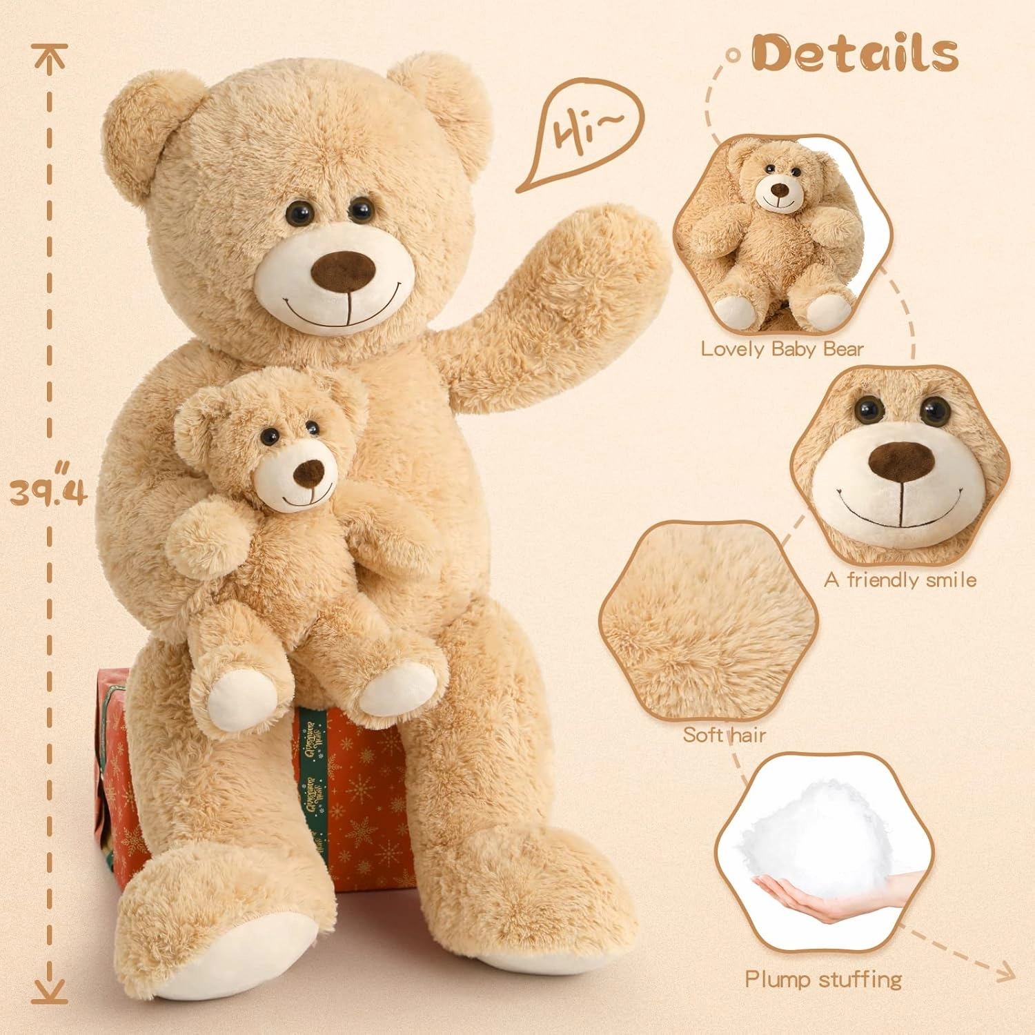 Tezituor Giant Stuffed Animal 39in, Large Teddy Bear Mommy with Baby, Big Stuffed Bear for Kids, Girlfriend on Mother's Day, Valentine, Christmas, Baby Shower, Light Brown