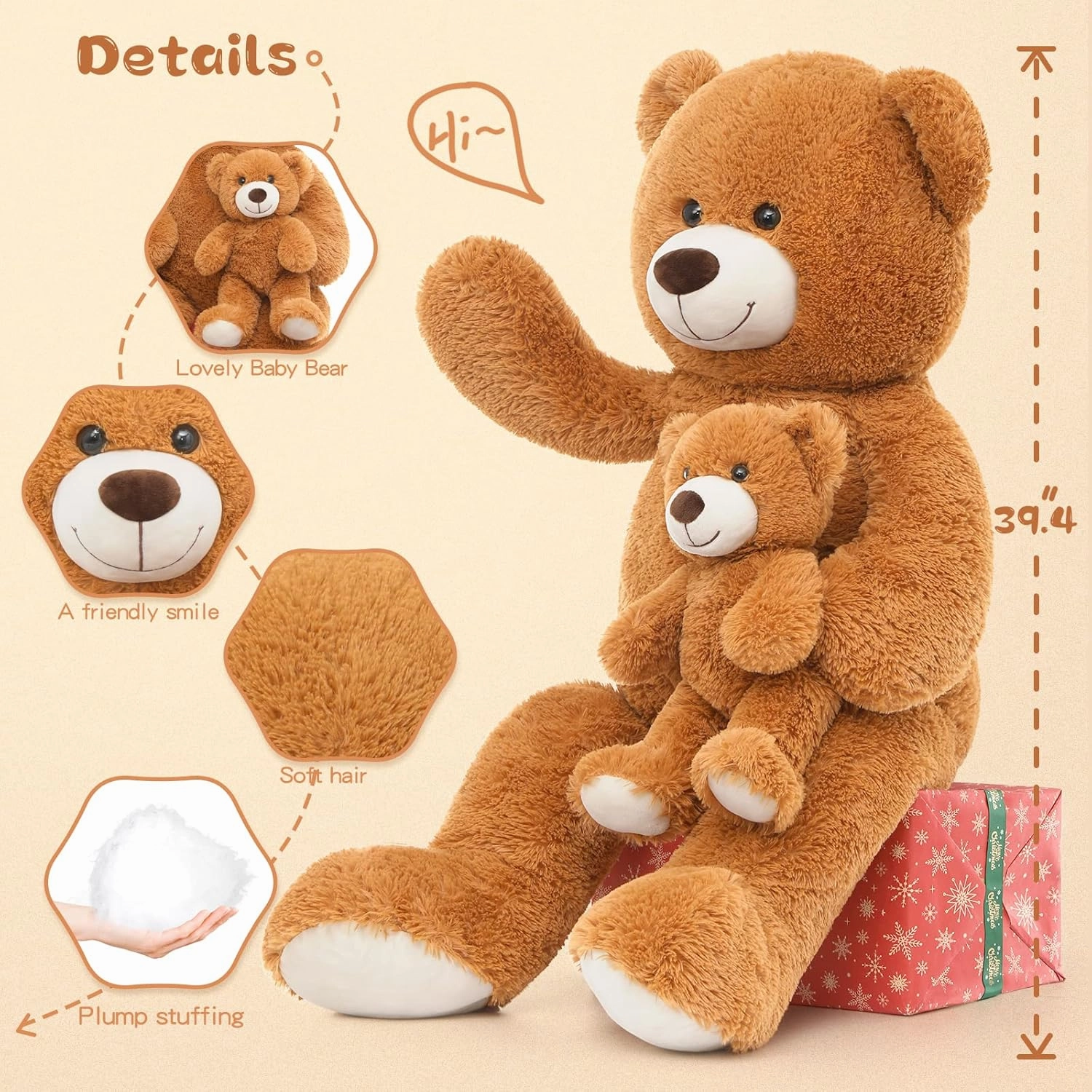 Tezituor Giant Stuffed Animal 39in, Large Teddy Bear Mommy with Baby, Big Teddy Bear for Kids, Girlfriend on Valentine, Christmas, Baby Shower, Brown