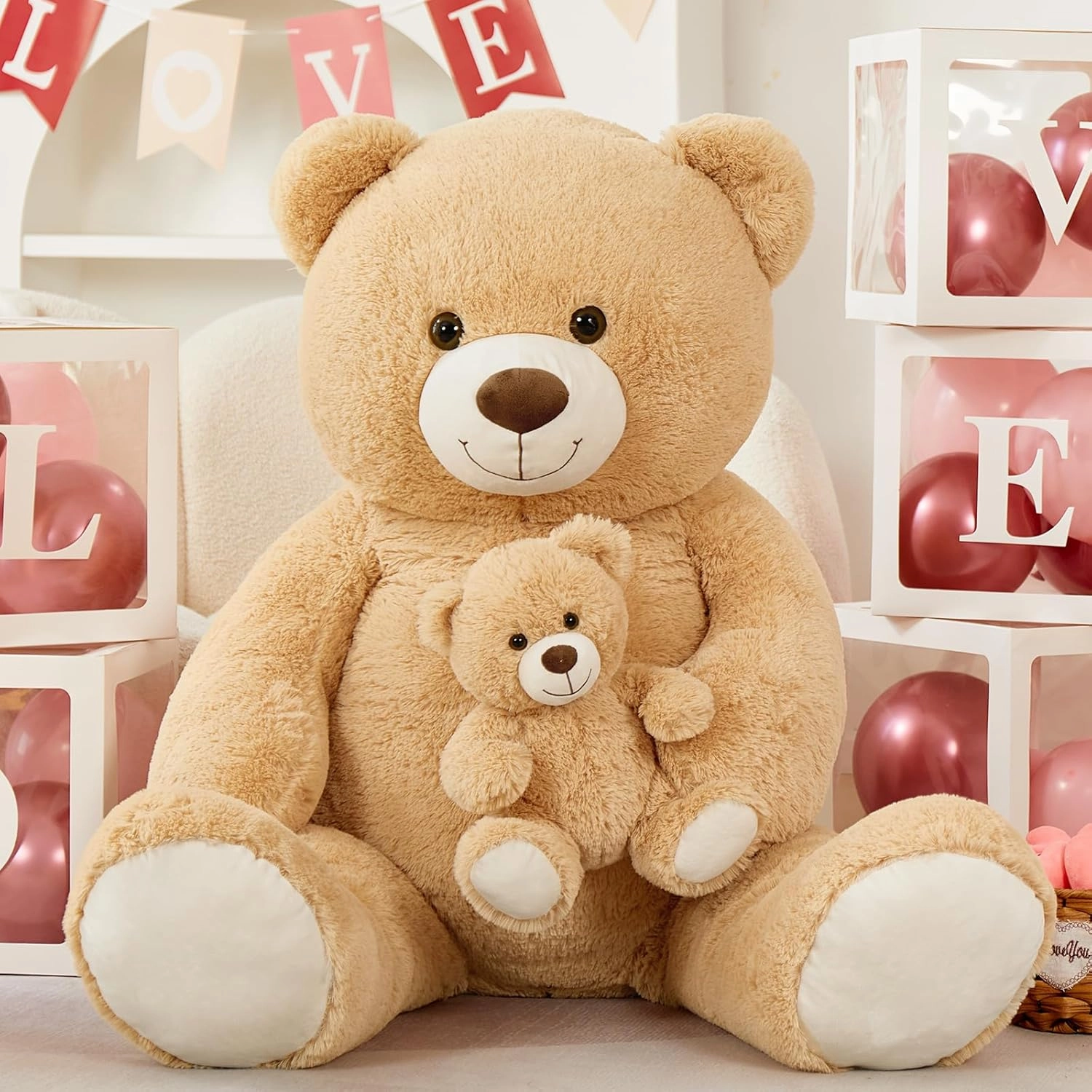 Tezituor Giant Stuffed Animal 51in, Large Teddy Bear Mommy with Baby, Big Teddy Bear for Kids, Girlfriend on Valentine, Christmas, Baby Shower, Birthday, Light Brown