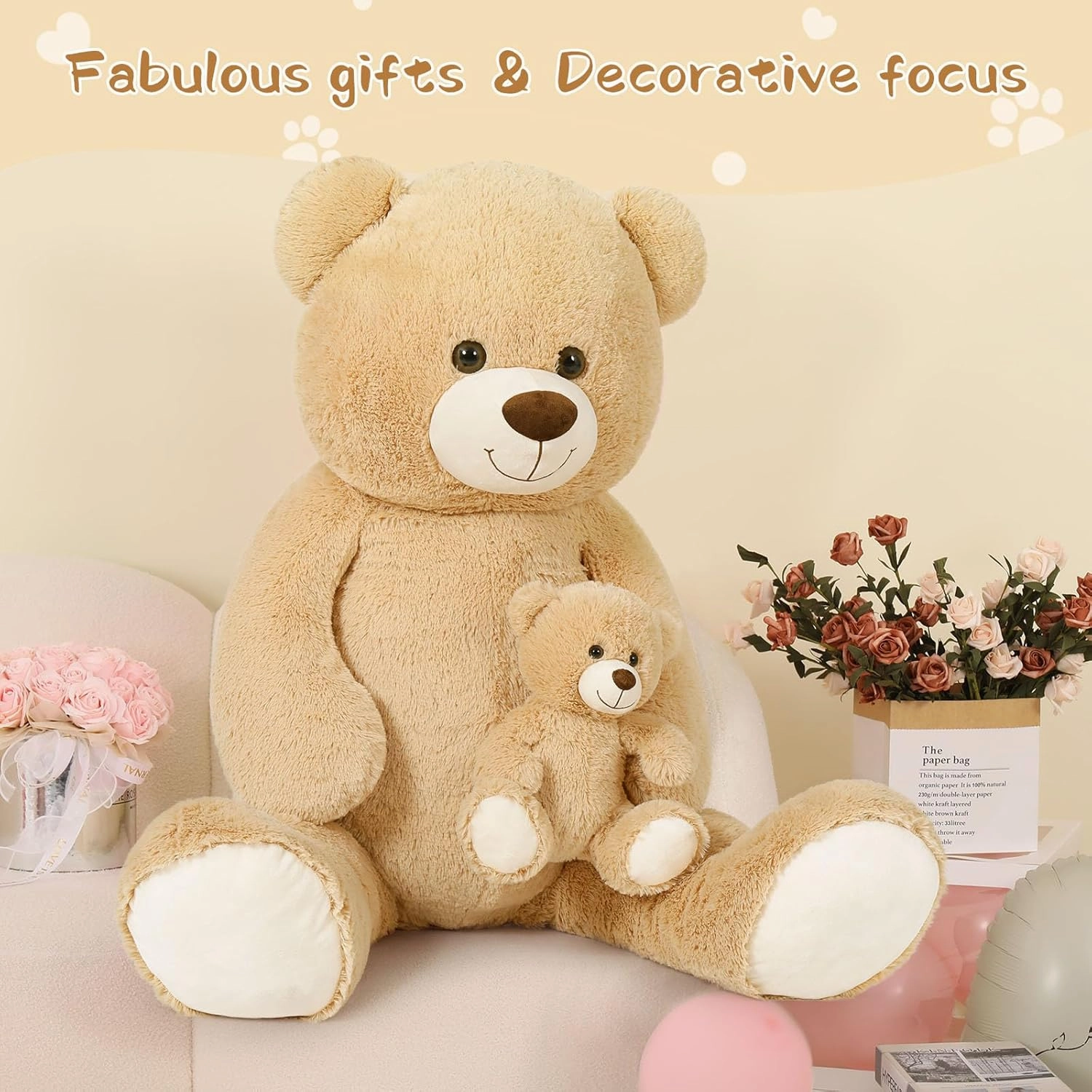 Tezituor Giant Stuffed Animal 51in, Large Teddy Bear Mommy with Baby, Big Teddy Bear for Kids, Girlfriend on Valentine, Christmas, Baby Shower, Birthday, Light Brown
