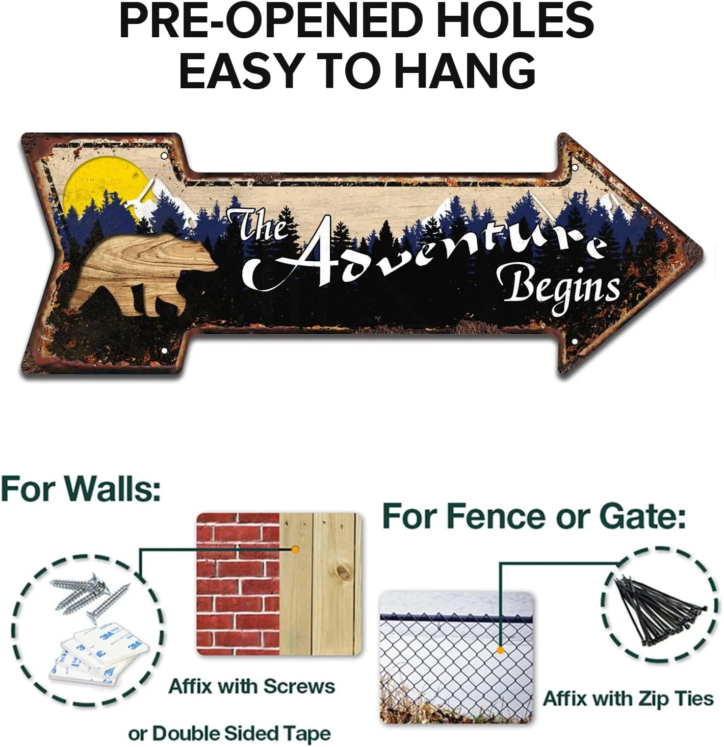 The Adventure Begins Sign, Woodland Nursery Decor, Bear Mountain Inspirational Quotes, Arrow Sign for Home Cabin Decor, Forest Camping Sign 6x18 Inches