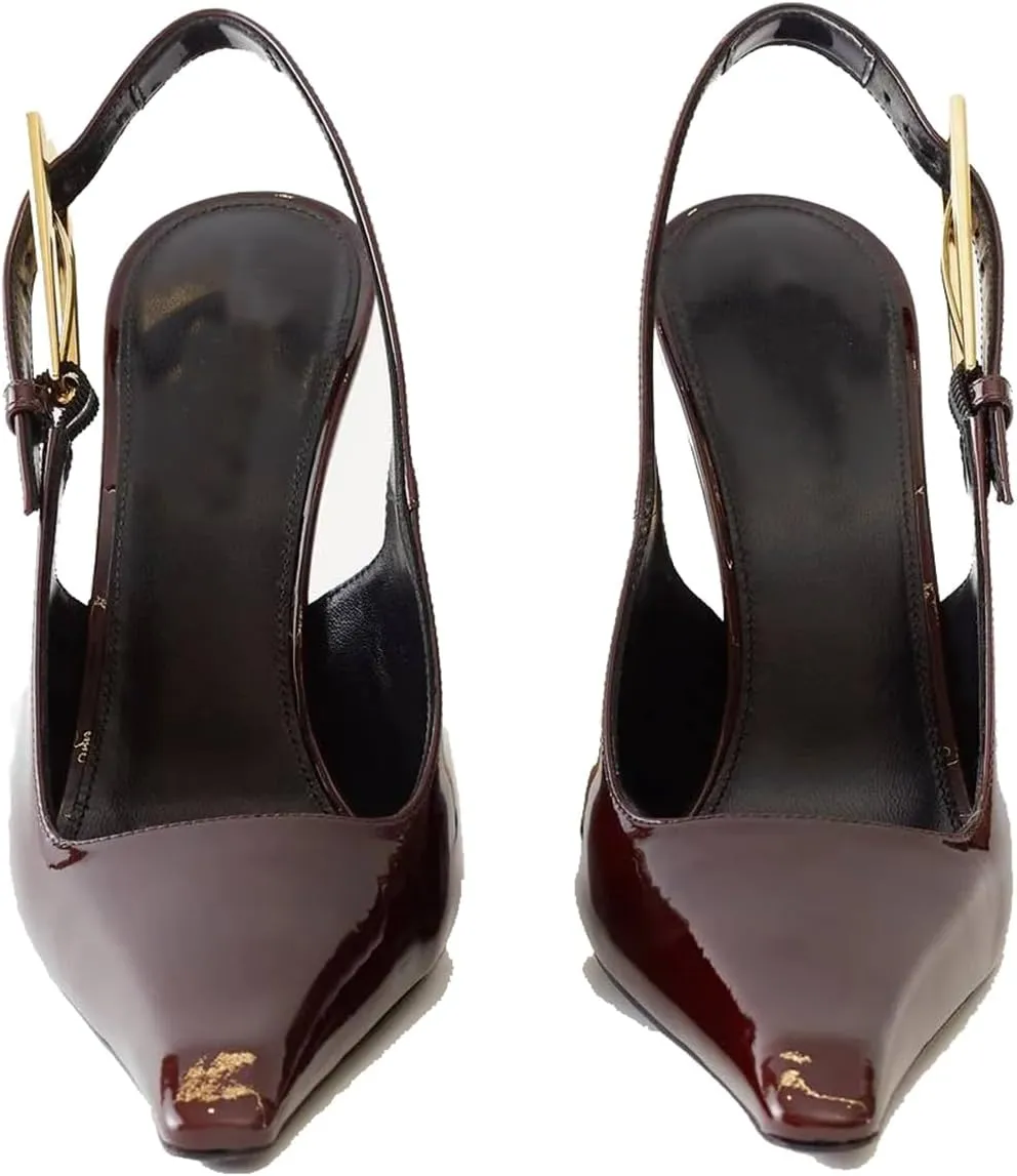 THESHY Women's Slingback Stiletto High Heels Square Toe Metal Buckle Pumps Backless Patent Leather Fashion Dress Shoes for Women