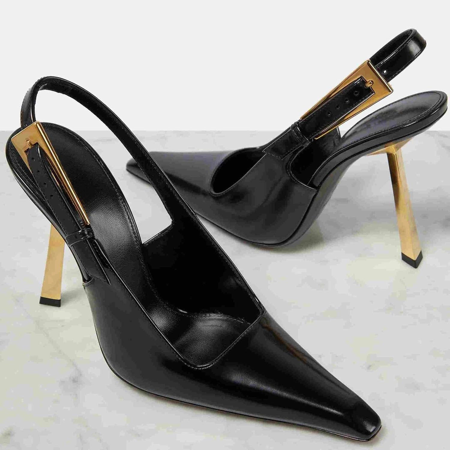 THESHY Women's Slingback Stiletto High Heels Square Toe Metal Buckle Pumps Backless Patent Leather Fashion Dress Shoes for Women