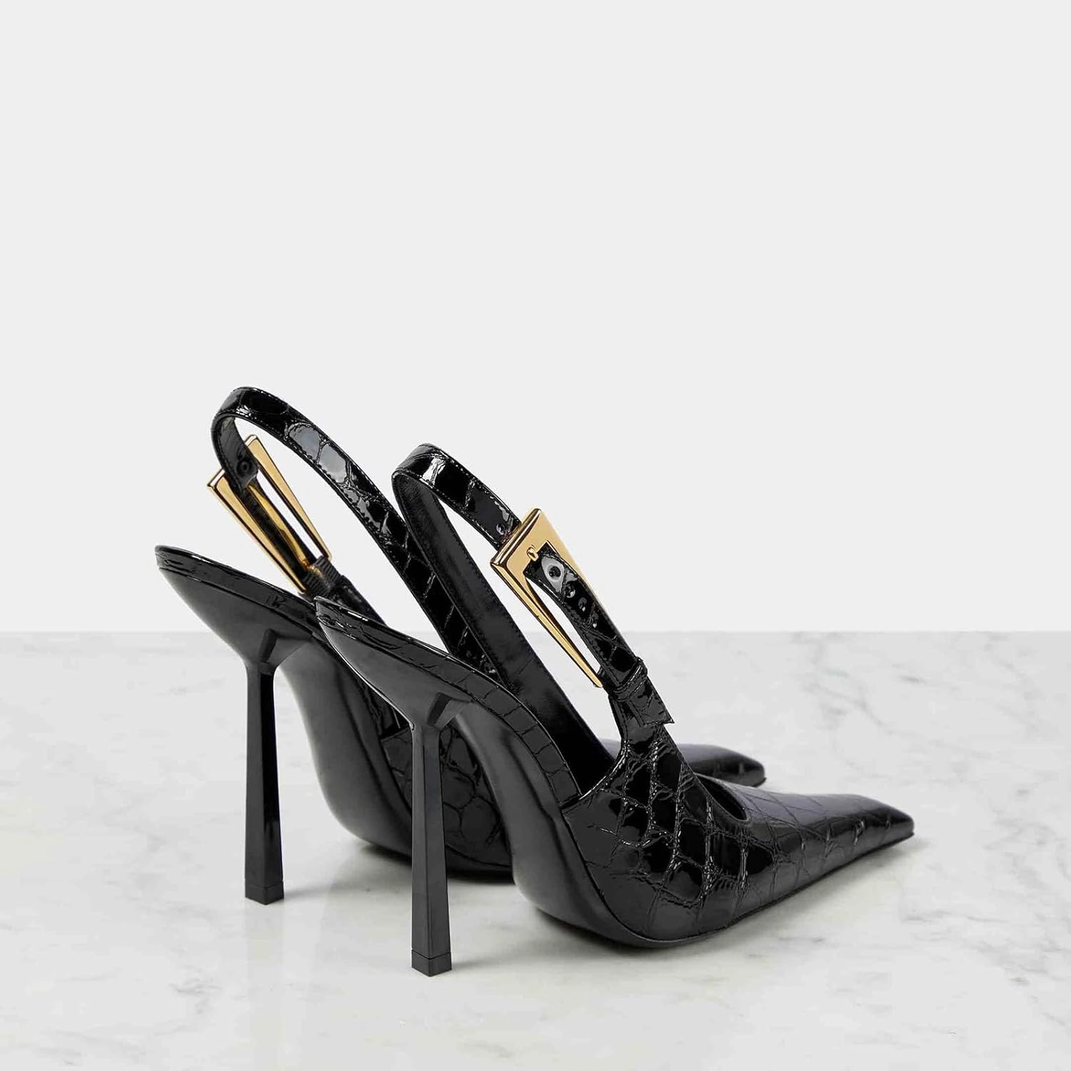 THESHY Women's Slingback Stiletto High Heels Square Toe Metal Buckle Pumps Backless Patent Leather Fashion Dress Shoes for Women