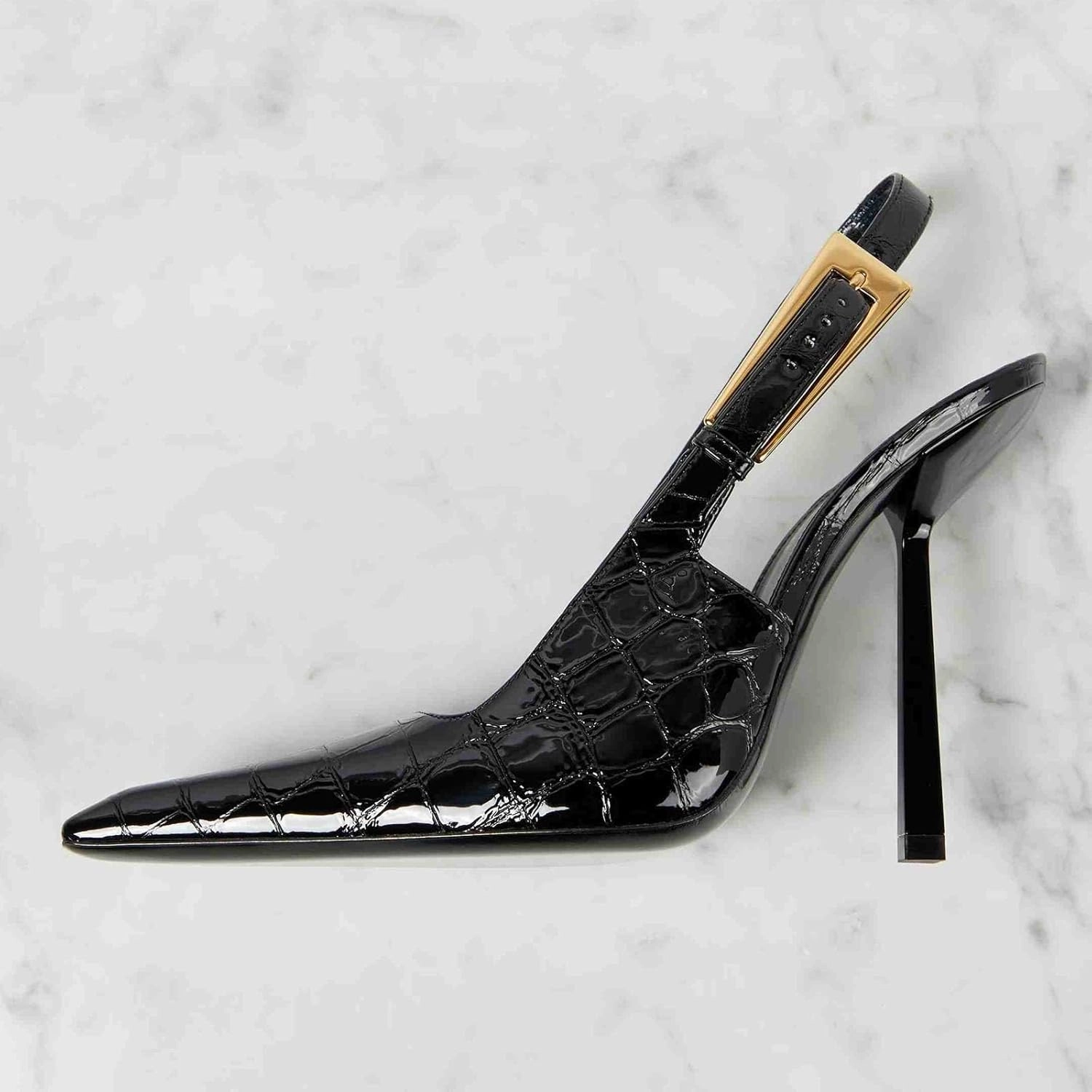THESHY Women's Slingback Stiletto High Heels Square Toe Metal Buckle Pumps Backless Patent Leather Fashion Dress Shoes for Women