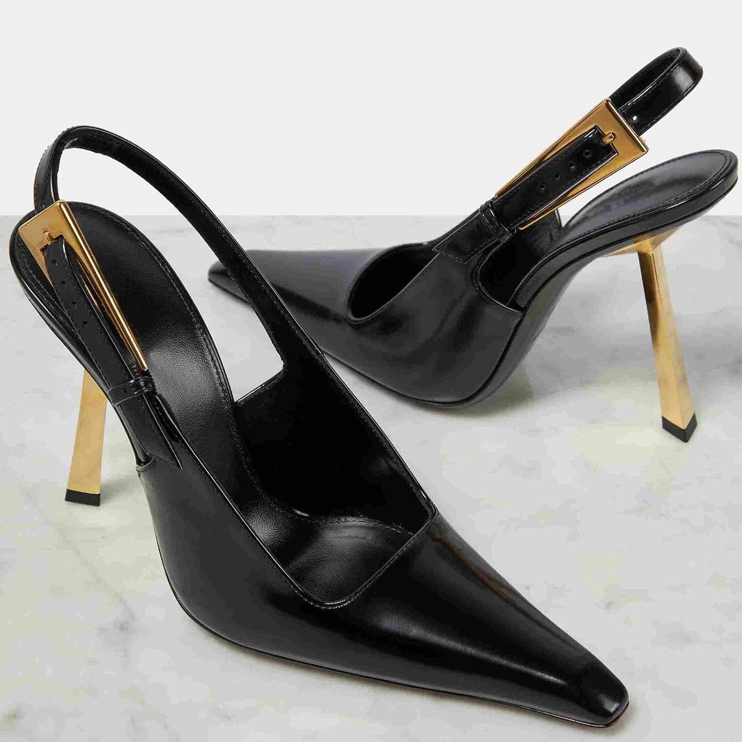 THESHY Women's Slingback Stiletto High Heels Square Toe Metal Buckle Pumps Backless Patent Leather Fashion Dress Shoes for Women
