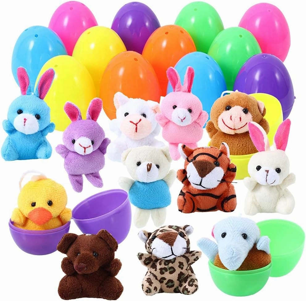 ThinkMax 12 pcs Easter Eggs Filled with Mini Plush Animals Toy for Easter Basket Stuffers/Fillers, Eggs Hunt, Party Favor