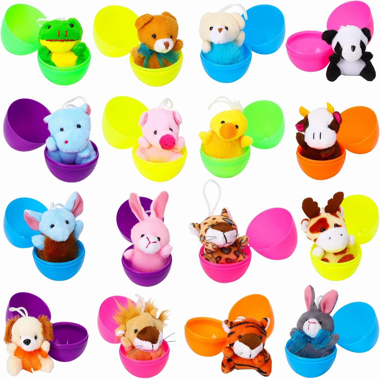 ThinkMax 16 pcs Easter Eggs Filled with Mini Plush Animals Toy for Easter Basket Stuffers/Fillers, Easter Eggs Hunt, Easter Party Favor