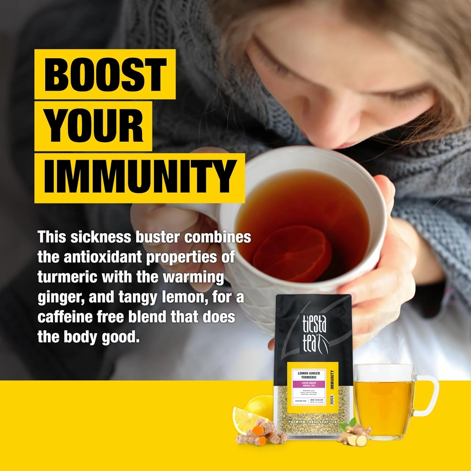 Tiesta Tea - Lemon Ginger Turmeric | Loose Leaf | Lemon Ginger Herbal Tea | Premium Non-Caffeinated Herbal Blend | Make Hot or Iced & Brews Up to 200 Cups | 16 Ounce Resealable Bulk Pouch
