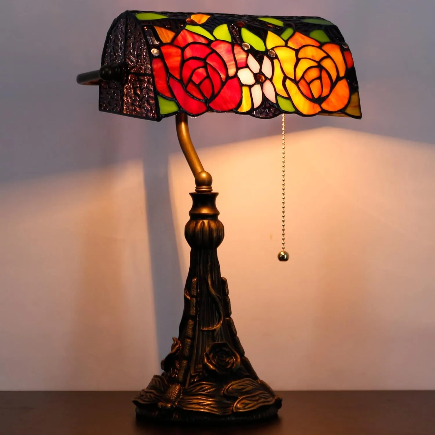 Tiffany Banker Lamp Small Stained Glass Table Lamp Tiffany Style Piano Light Yellow Red Rose Style Desk Lamp Angle Adjustable 10.6X15.7Inch for Home Office Living Room Bedroom