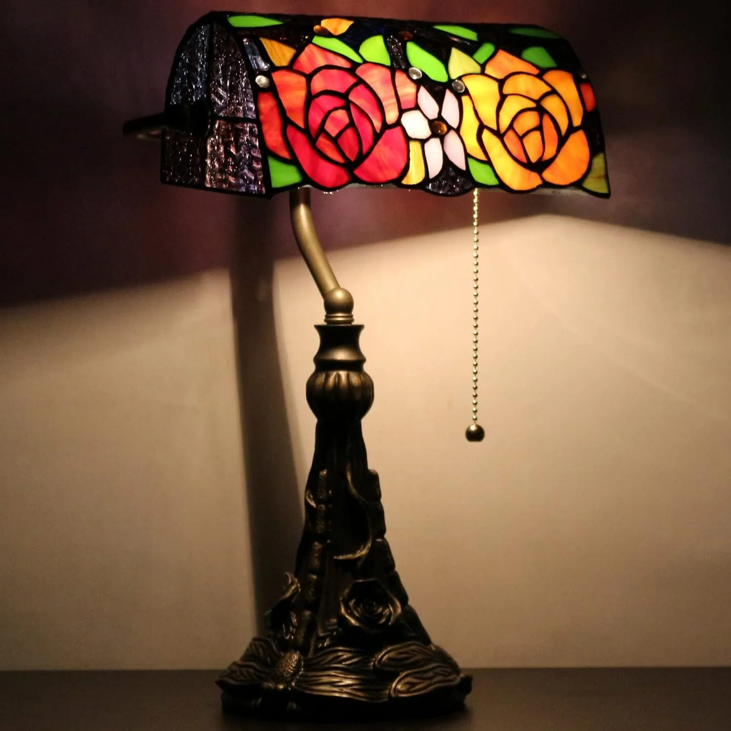 Tiffany Banker Lamp Small Stained Glass Table Lamp Tiffany Style Piano Light Yellow Red Rose Style Desk Lamp Angle Adjustable 10.6X15.7Inch for Home Office Living Room Bedroom