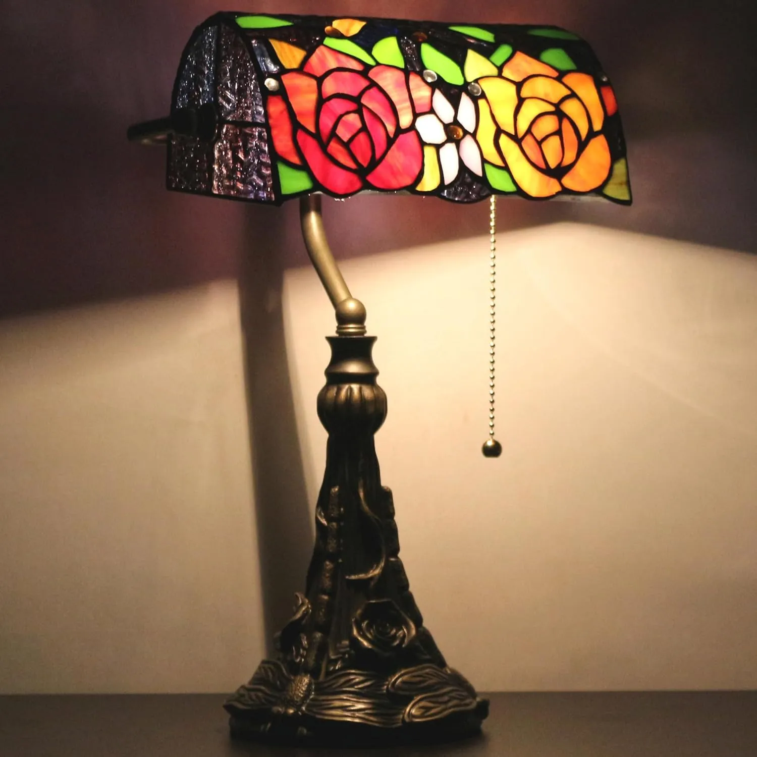 Tiffany Banker Lamp Small Stained Glass Table Lamp Tiffany Style Piano Light Yellow Red Rose Style Desk Lamp Angle Adjustable 10.6X15.7Inch for Home Office Living Room Bedroom