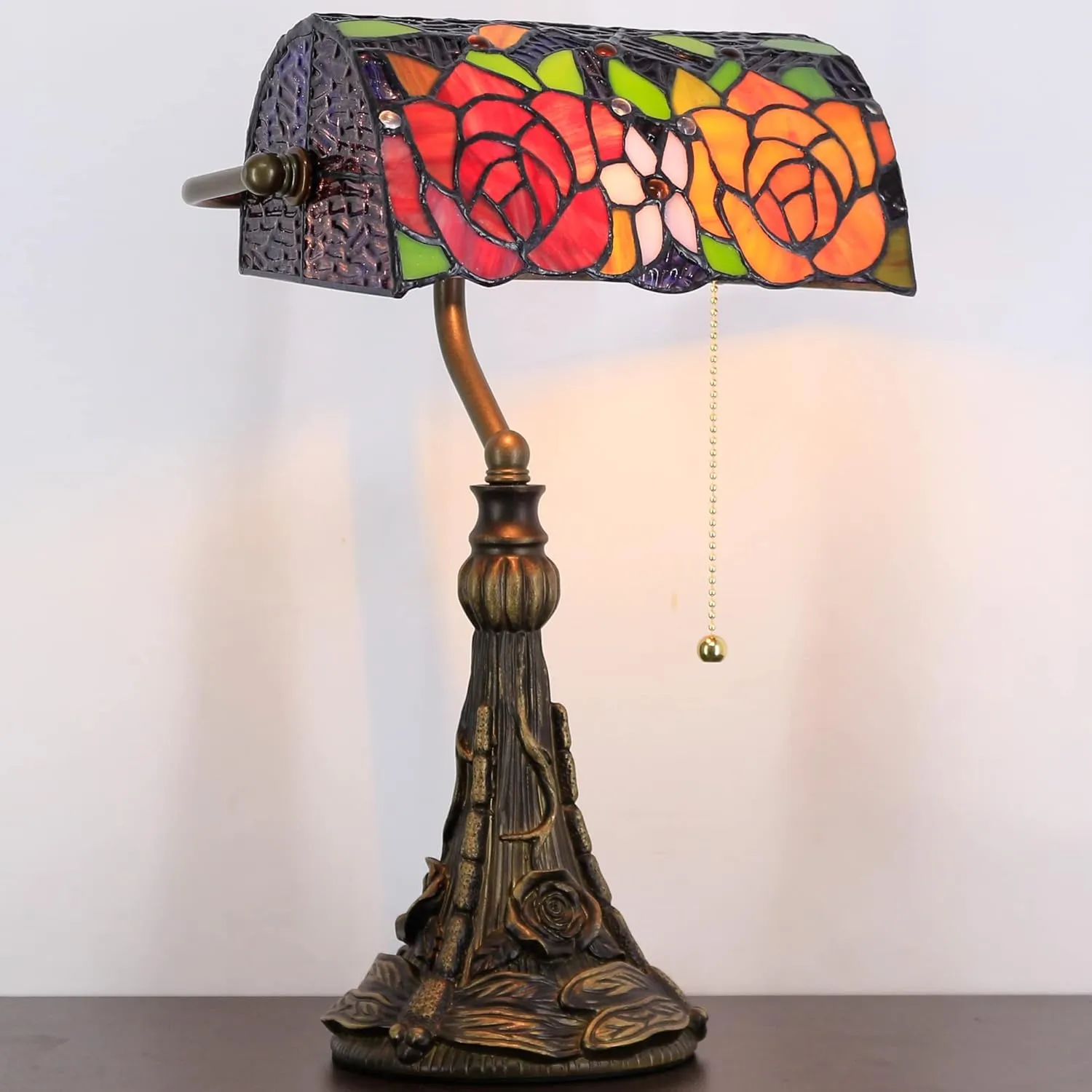 Tiffany Banker Lamp Small Stained Glass Table Lamp Tiffany Style Piano Light Yellow Red Rose Style Desk Lamp Angle Adjustable 10.6X15.7Inch for Home Office Living Room Bedroom