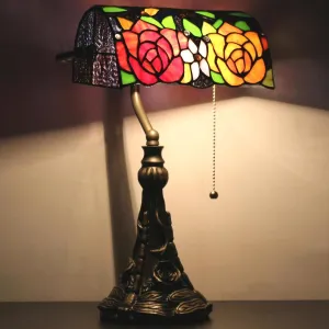 Tiffany Banker Lamp Small Stained Glass Table Lamp Tiffany Style Piano Light Yellow Red Rose Style Desk Lamp Angle Adjustable 10.6X15.7Inch for Home Office Living Room Bedroom