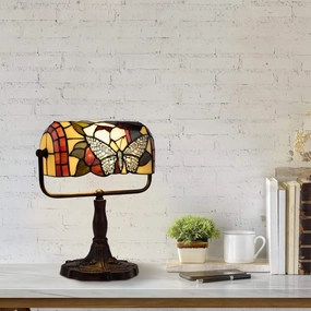 Tiffany Style Bankers Lamp-Stained Glass Butterfly Design Table or Desk Light LED Bulb Included-Vintage Look Colorful Accent Decor by Lavish Home