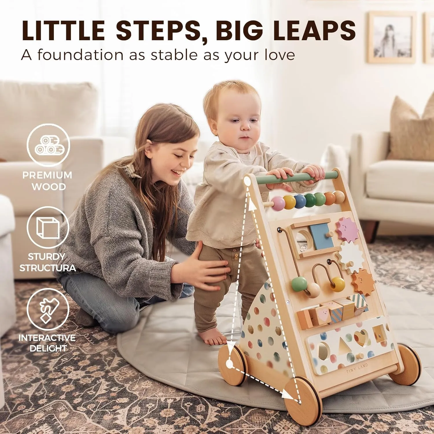 Tiny Land Baby Push Walker, Wooden Baby Walker for Girls, Adjustable Speed Walkers for Baby Boys, Montessori Walker Toy, Baby Activity Center, Push Toys for Kids Development (Morandi)