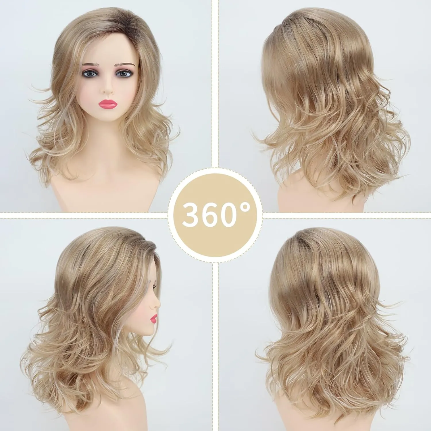 TISHINING Ombre Blonde Wavy Wigs for White Women Medium Length Layered Mixed Blonde Curly Wavy Wig with Dark Roots Synthetic Natural Looking Daily Party Wig (18 Inch)