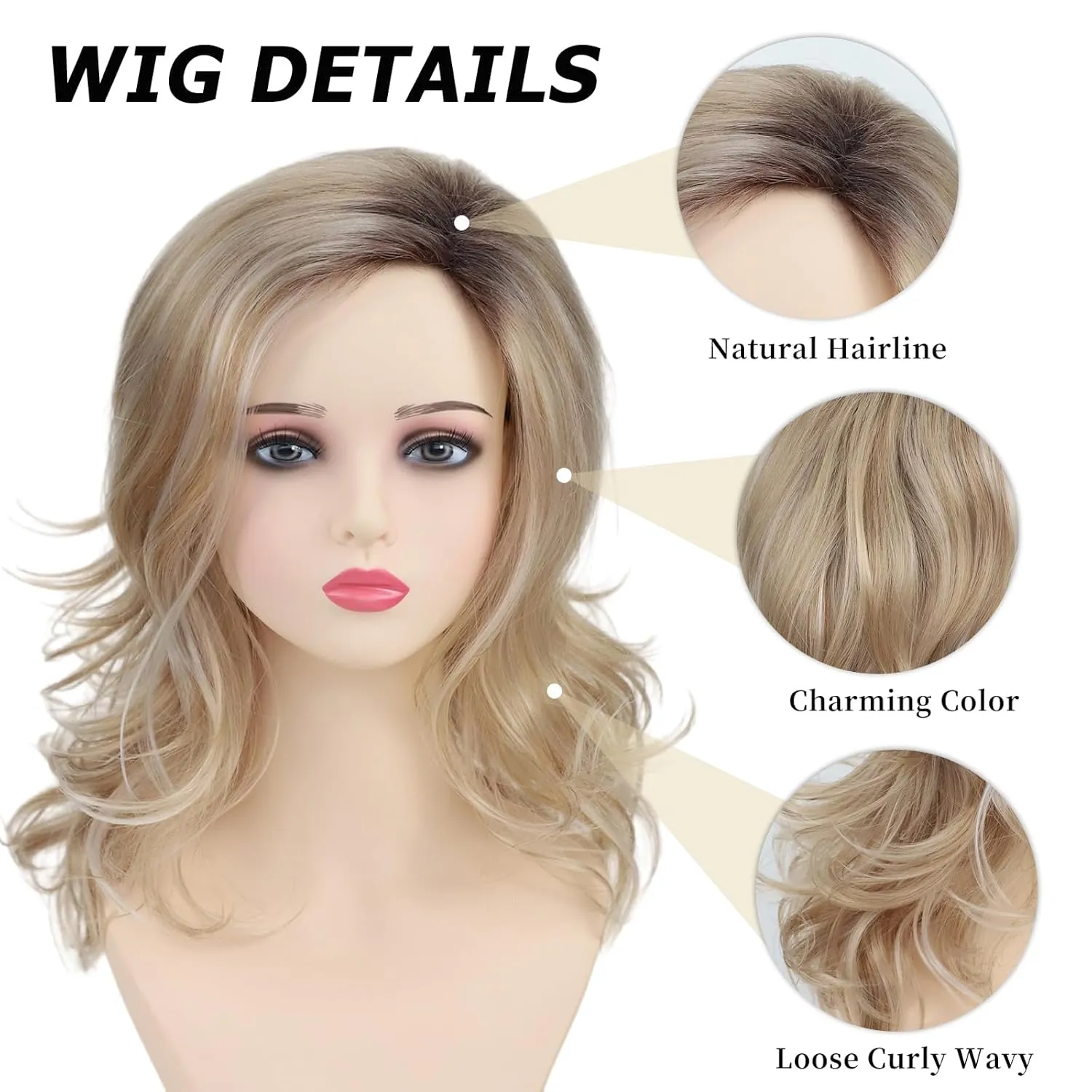 TISHINING Ombre Blonde Wavy Wigs for White Women Medium Length Layered Mixed Blonde Curly Wavy Wig with Dark Roots Synthetic Natural Looking Daily Party Wig (18 Inch)