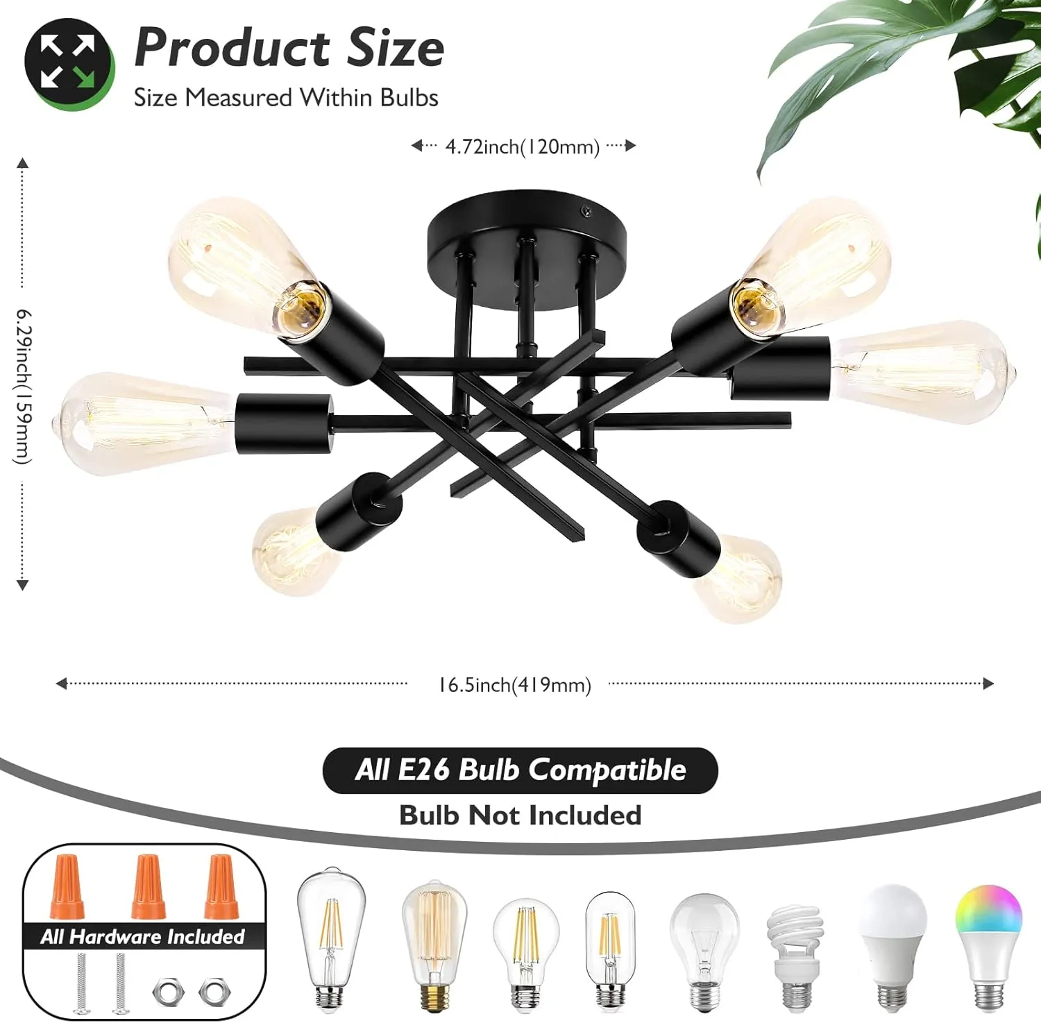 TOBUSA 6-Light Semi Flush Mount Ceiling Light Fixture, Black Sputnik Ceiling Light, Modern Close to Ceiling Light Fixture for Kitchen Bedroom Dining Room Living Room Hallway Chandelier, E26 Socket