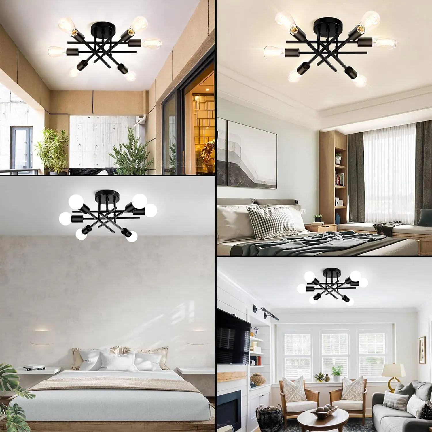 TOBUSA 6-Light Semi Flush Mount Ceiling Light Fixture, Black Sputnik Ceiling Light, Modern Close to Ceiling Light Fixture for Kitchen Bedroom Dining Room Living Room Hallway Chandelier, E26 Socket