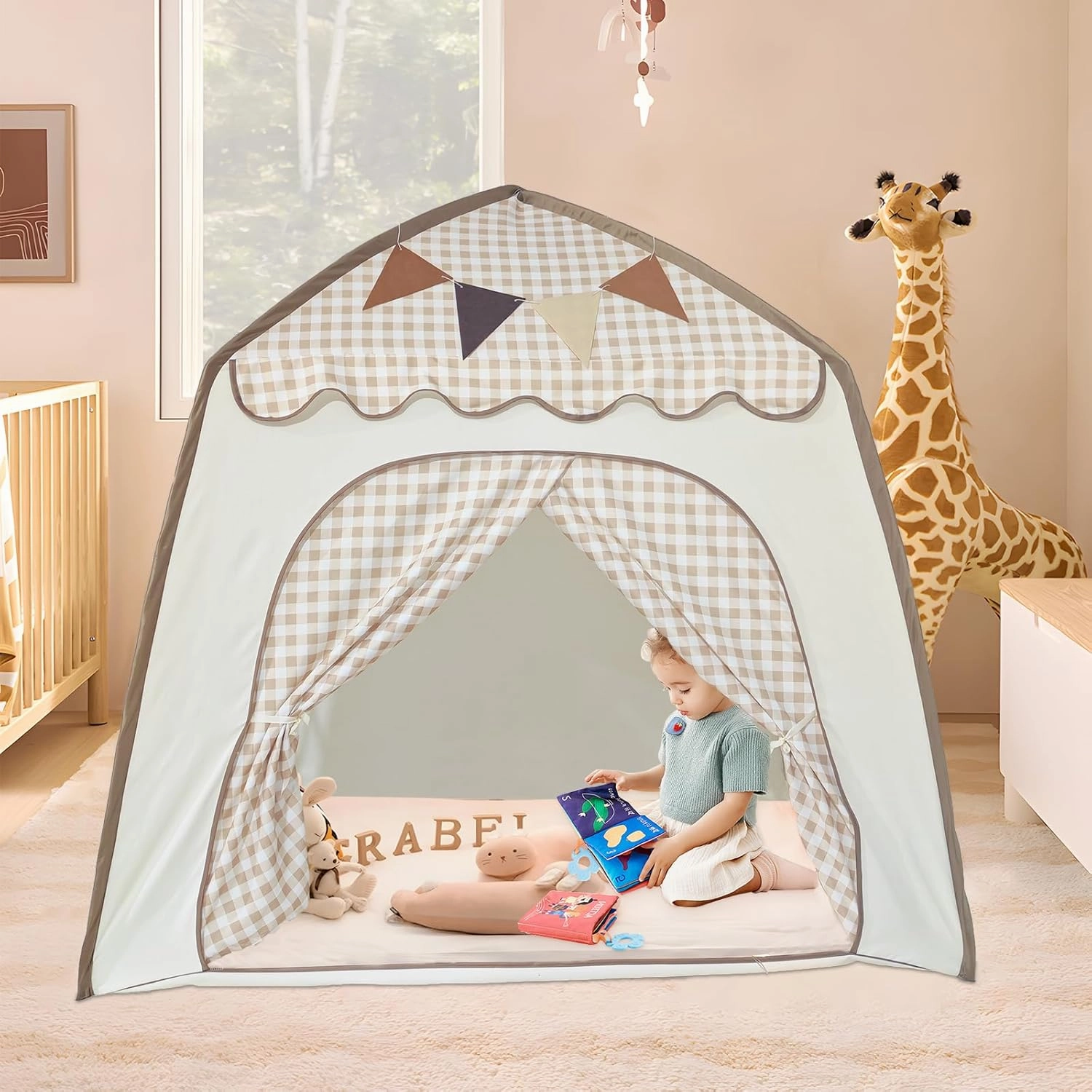 Toddler Bed Tent, Kids Play Tent with Flags, Star String, Portable Bed Canopy for Boys & Girls, Children, Indoor Outdoor Dome Playhouse, Khaki Plaid, 51" x 39" x 51"
