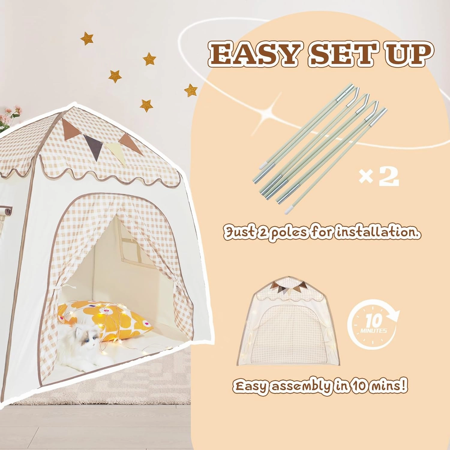 Toddler Bed Tent, Kids Play Tent with Flags, Star String, Portable Bed Canopy for Boys & Girls, Children, Indoor Outdoor Dome Playhouse, Khaki Plaid, 51" x 39" x 51"