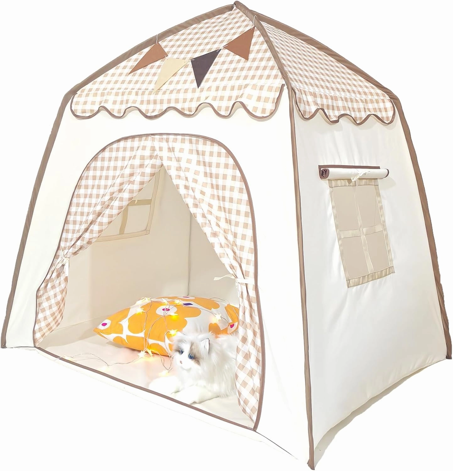 Toddler Bed Tent, Kids Play Tent with Flags, Star String, Portable Bed Canopy for Boys & Girls, Children, Indoor Outdoor Dome Playhouse, Khaki Plaid, 51" x 39" x 51"