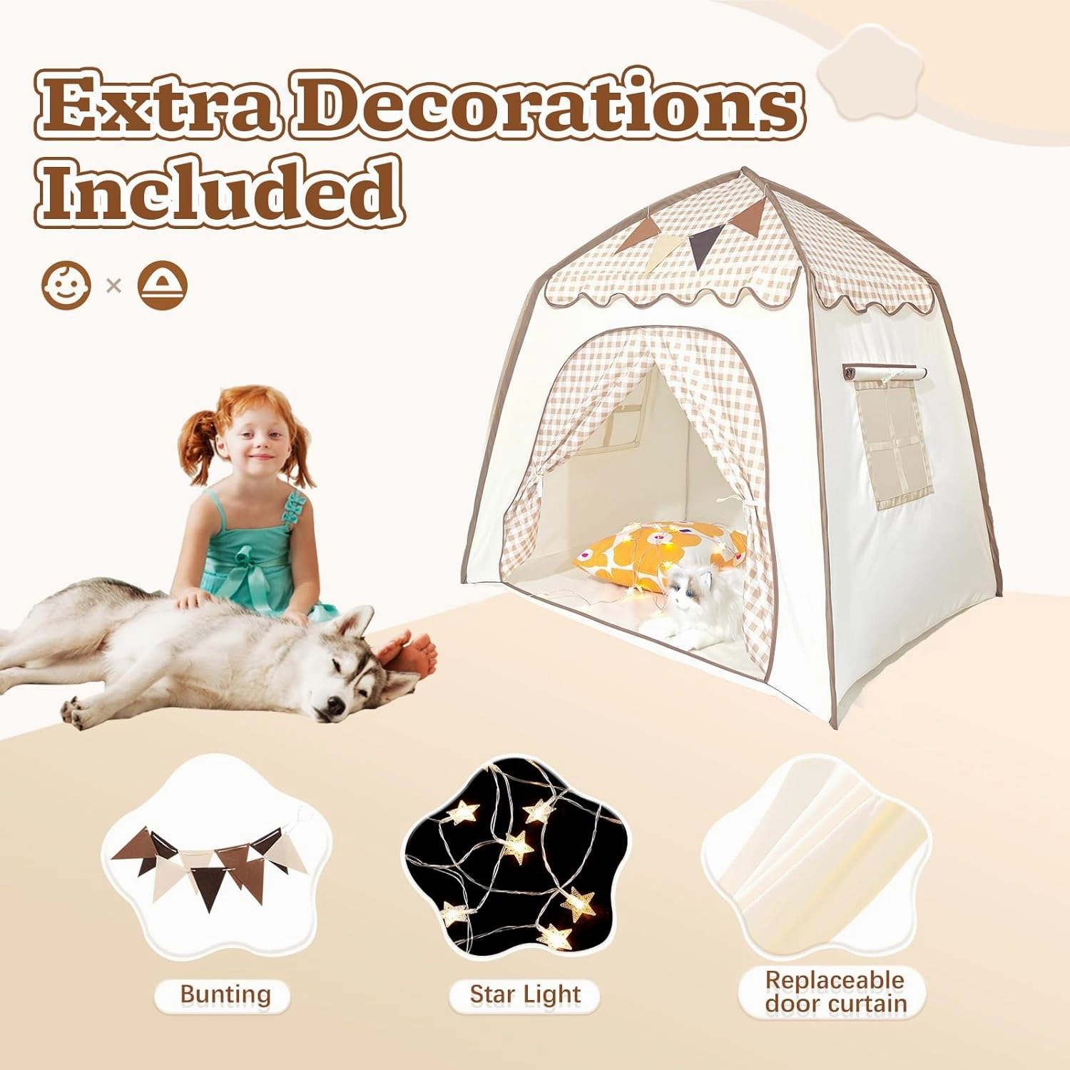 Toddler Bed Tent, Kids Play Tent with Flags, Star String, Portable Bed Canopy for Boys & Girls, Children, Indoor Outdoor Dome Playhouse, Khaki Plaid, 51" x 39" x 51"