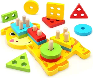 TOLOLO Montessori Toys for 1 2 3 4 Year Old Boy Girl, Sensory Wooden Sorting and Stacking Toy for Toddlers 1-3, Educational Learning Toy for Baby, Color Recognition Shape Sorter Toddler Toys Age 1-2