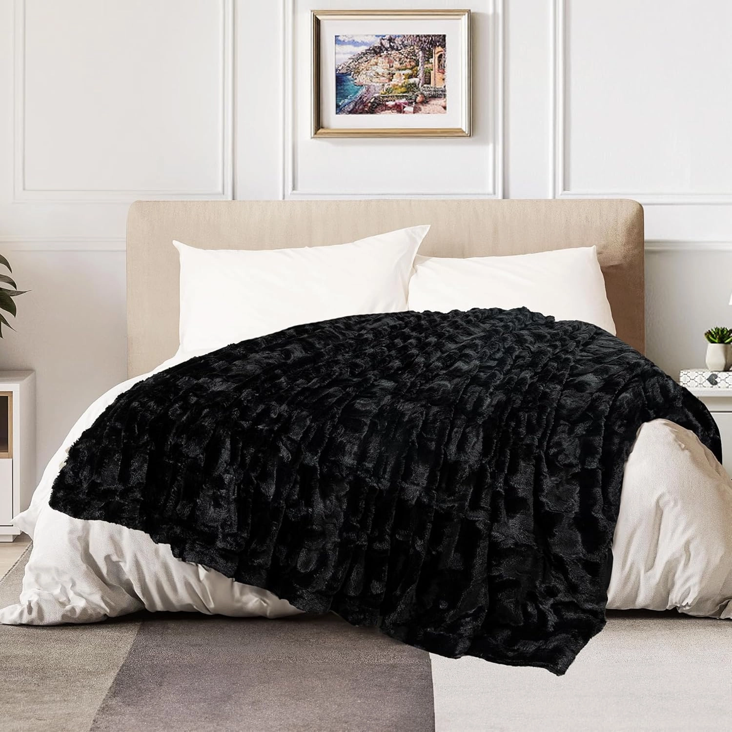 TOONOW Faux Fur Luxury Throw Blanket,Double Side Soft Fluffy Shaggy Fuzzy Blanket for Couch Sofa Bed (Black, X-Large Twin Size)