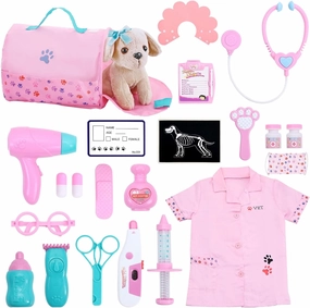 Toy Doctor Kit for Kids, Vet Play Set Toys for Girls, Birthday Gift for Kids Toddlers Ages 3 4 5 6, Pretend Play Doctor Set with Dog Toy, Dress Up Costume, Kids Doctor Role Play