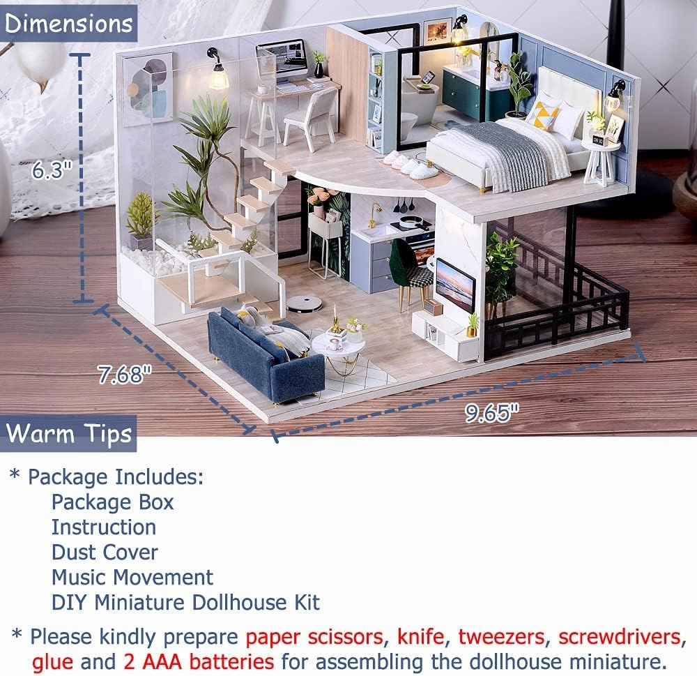 TuKIIE DIY Miniature Dollhouse Kit with Furniture, 1:24 Scale Creative Room Mini Wooden Doll House Accessories Plus Dust Proof & Music Movement for Kids Teens Adults(Satisfied Time)